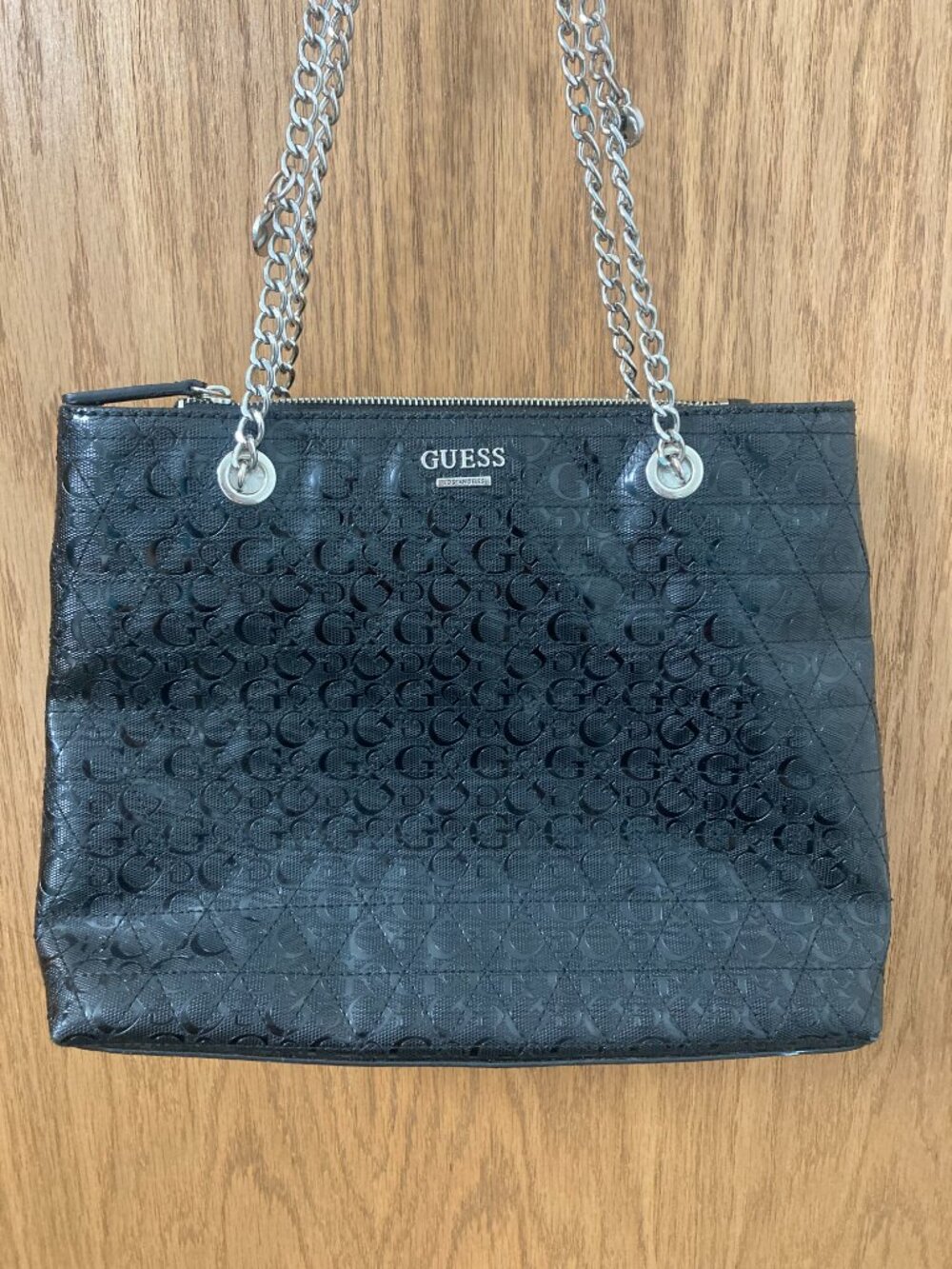 Guess Black Embossed Logo Tote Shoulder Bag with Charms